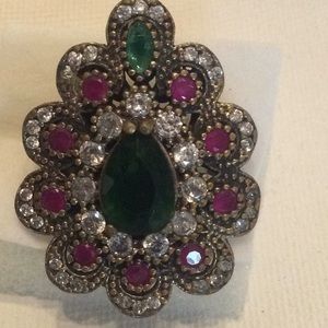 Sterling silver ring emerald ruby white stones